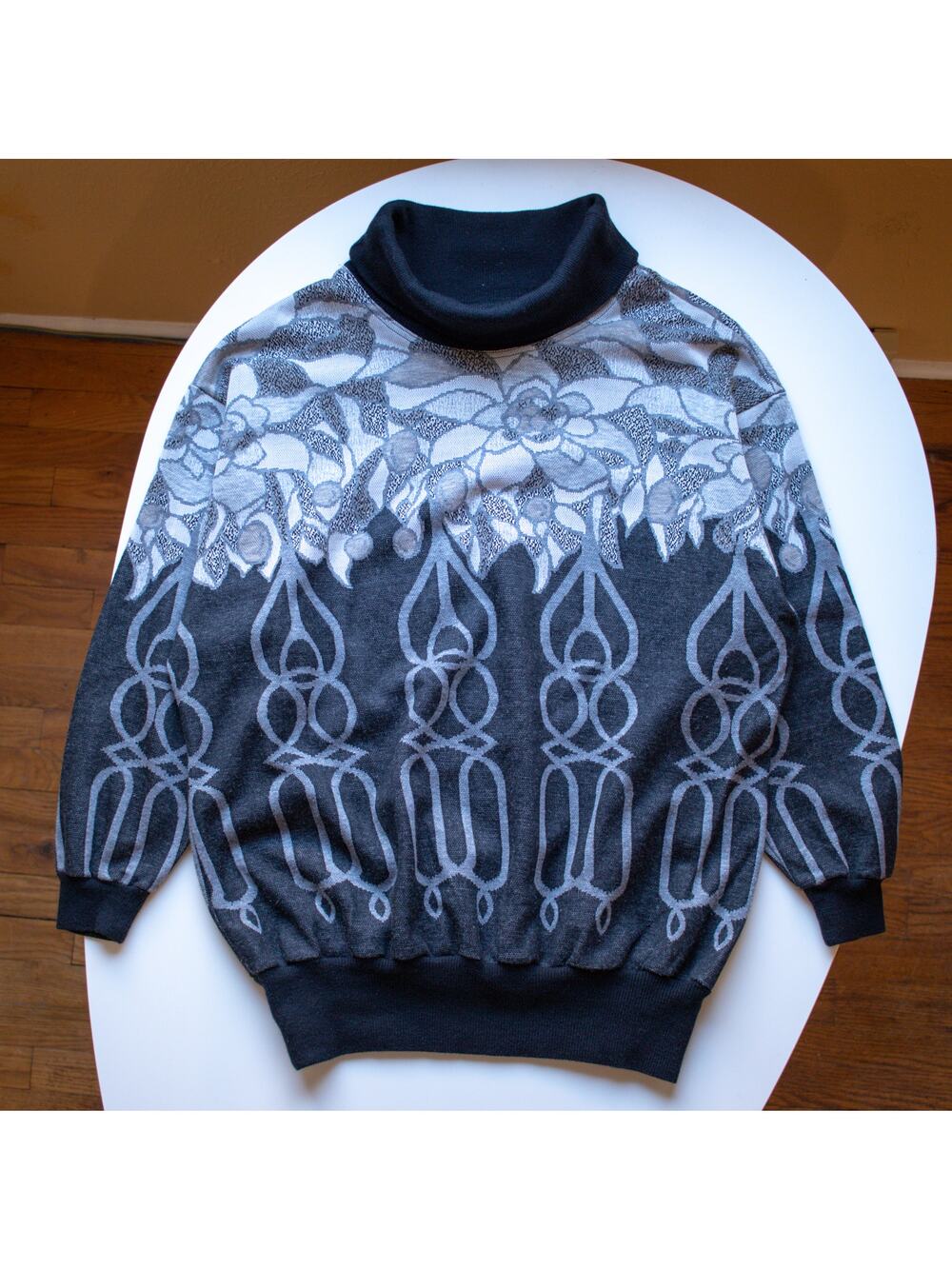 Women's Vintage 90s Patterned Black and Gray Cowl Neck Sweater Size Large